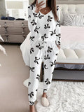 HALLIE™ - Strikprint V-Hals Lange Mouwen Top & Tailleband Broek Set