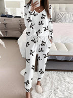 HALLIE™ - Strikprint V-Hals Lange Mouwen Top & Tailleband Broek Set