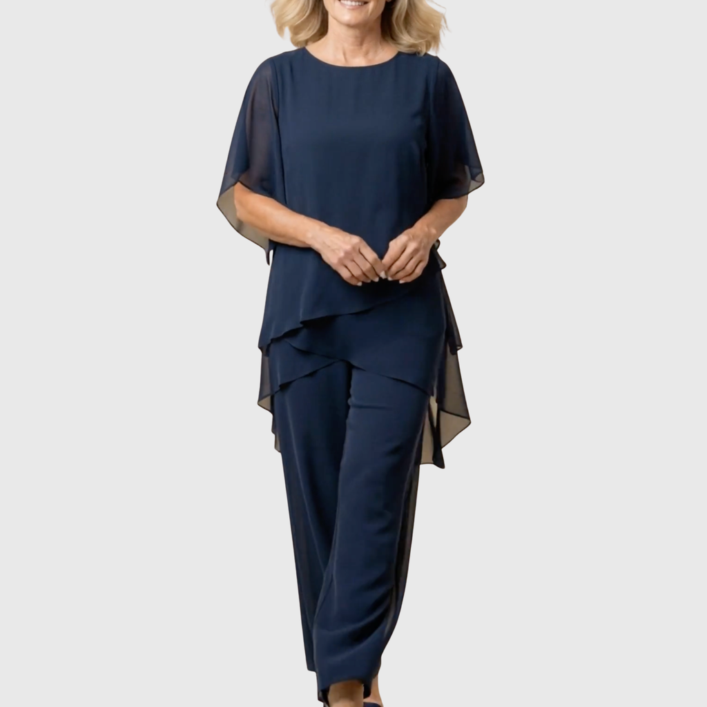 Linda | Kostuum met gedrapeerde palazzo broek