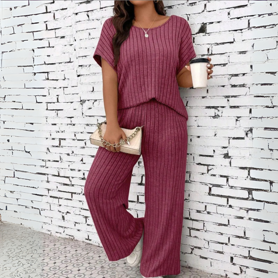 WAUNA™ - Casual Plus Size Korte Mouwen Top en Broek Set