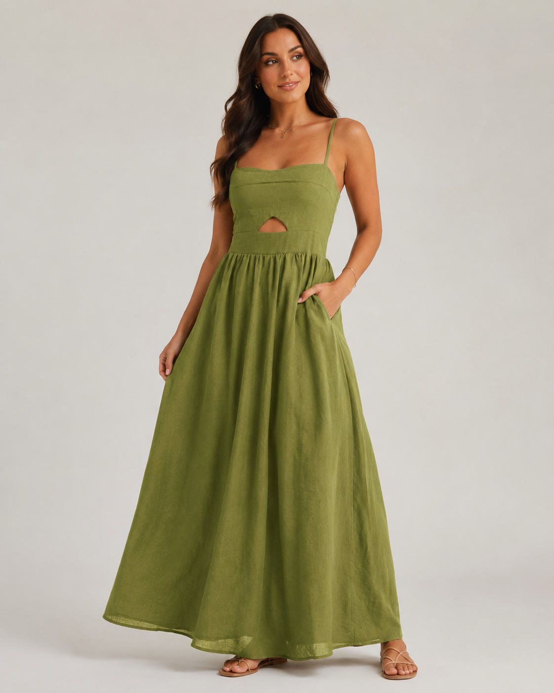 Maureen - Linnen Maxi-jurk met Cut-out en Spaghettibandjes
