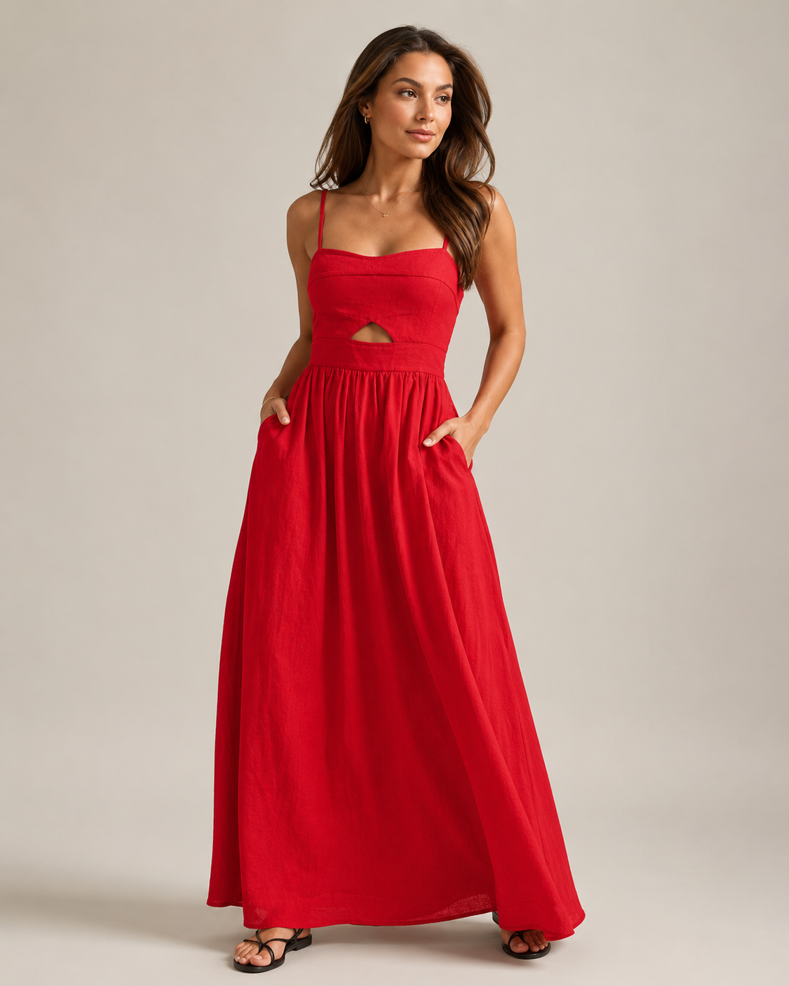 Maureen - Linnen Maxi-jurk met Cut-out en Spaghettibandjes