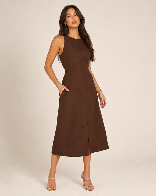 Madelina - Bruine Linnen Midi-jurk Met Knoopsluiting