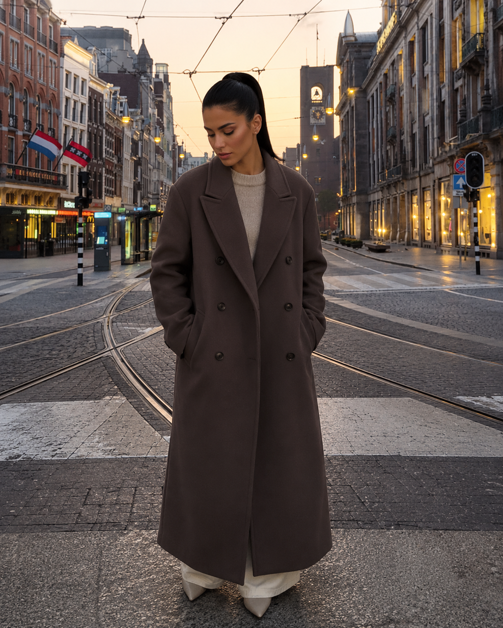 Henrielle - Bruine oversized dames manteljas met reverskraag en knoopsluiting
