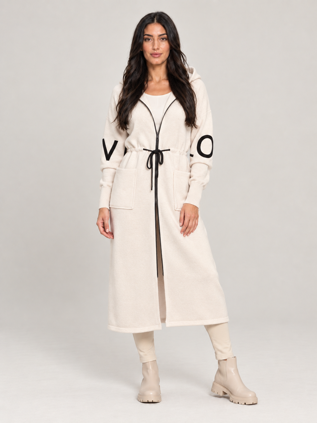 Saar - Dames lange gebreide trenchcoat met capuchon en trekkoord