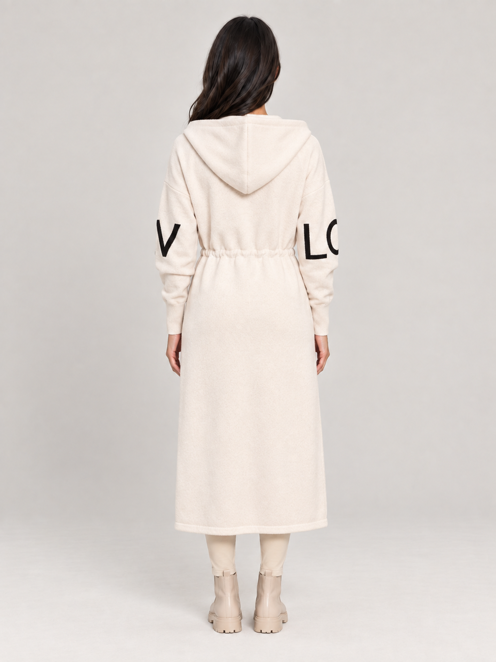 Saar - Dames lange gebreide trenchcoat met capuchon en trekkoord