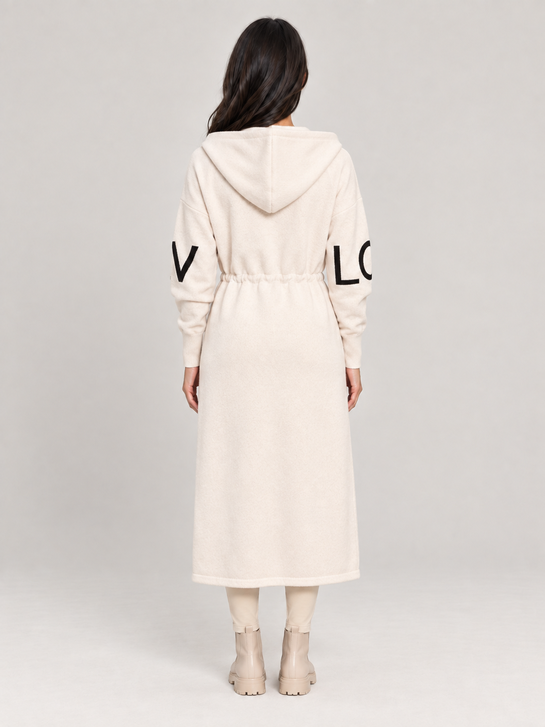 Saar - Dames lange gebreide trenchcoat met capuchon en trekkoord