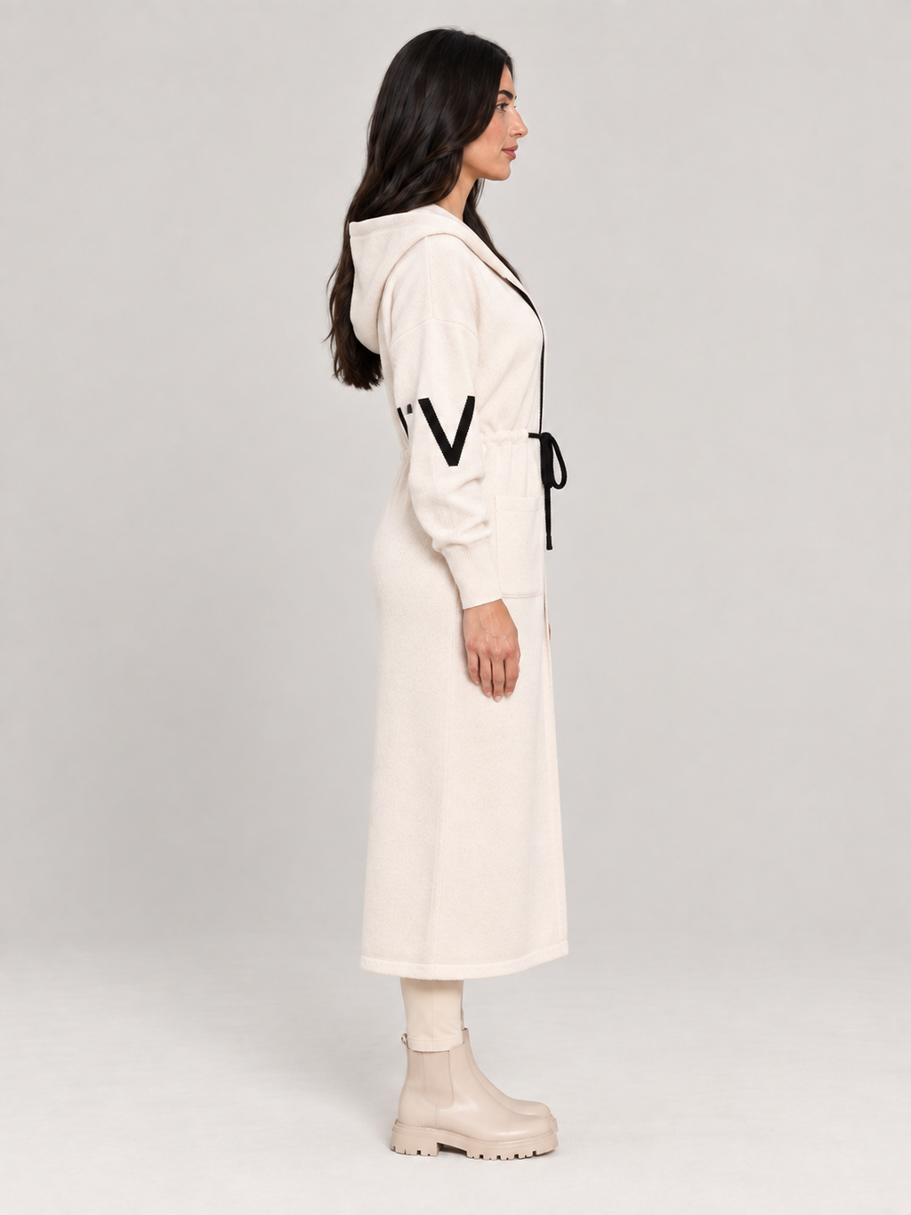 Saar - Dames lange gebreide trenchcoat met capuchon en trekkoord