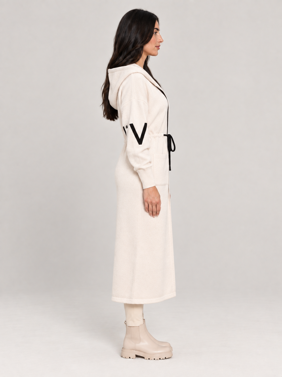 Saar - Dames lange gebreide trenchcoat met capuchon en trekkoord
