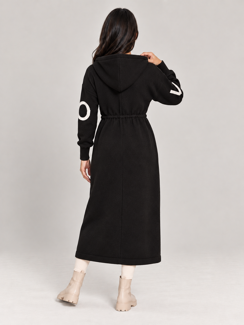 Saar - Dames lange gebreide trenchcoat met capuchon en trekkoord