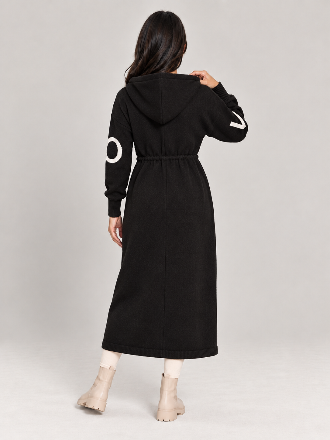 Saar - Dames lange gebreide trenchcoat met capuchon en trekkoord