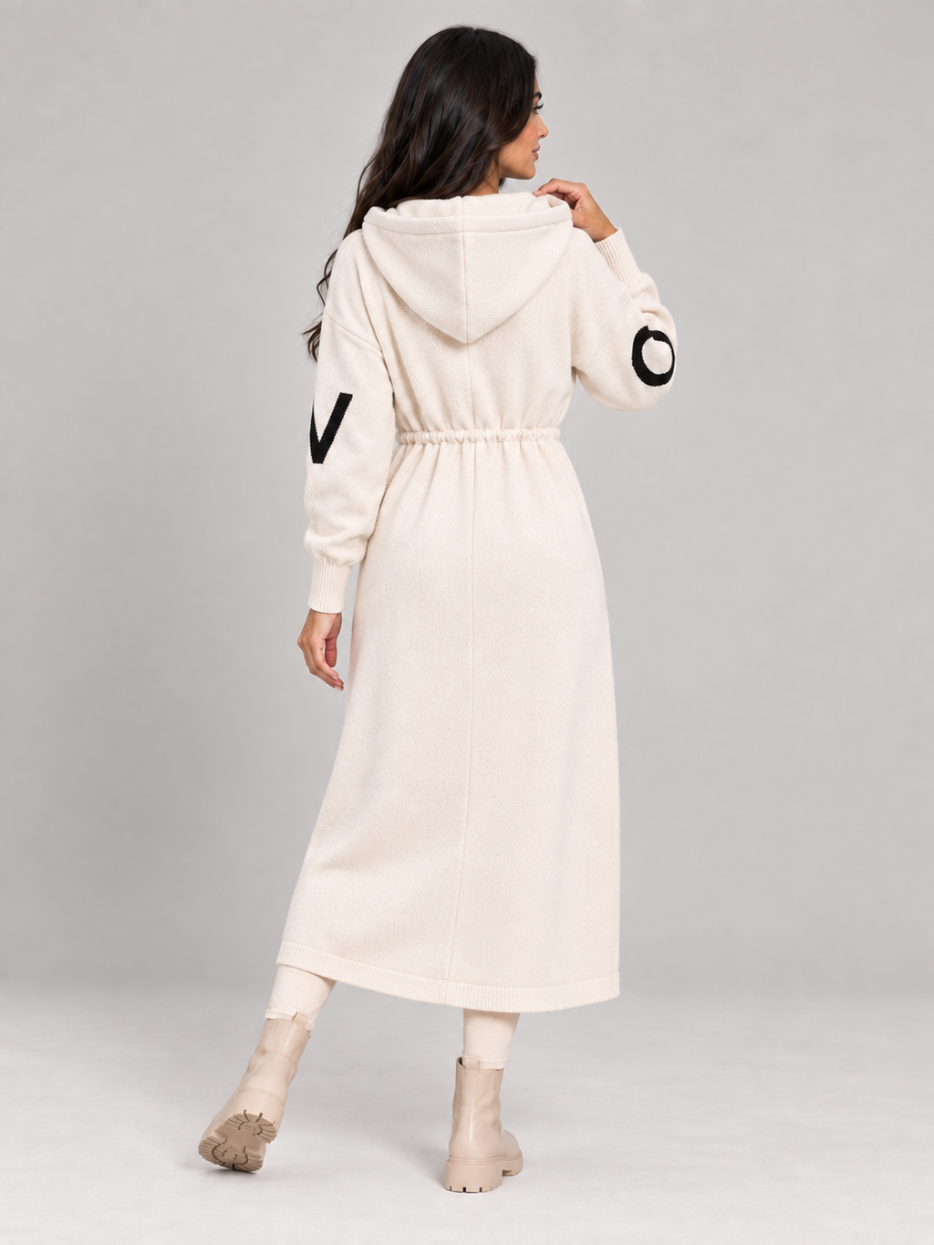 Saar - Dames lange gebreide trenchcoat met capuchon en trekkoord