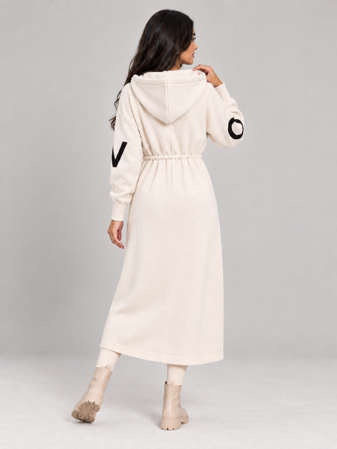 Saar - Dames lange gebreide trenchcoat met capuchon en trekkoord