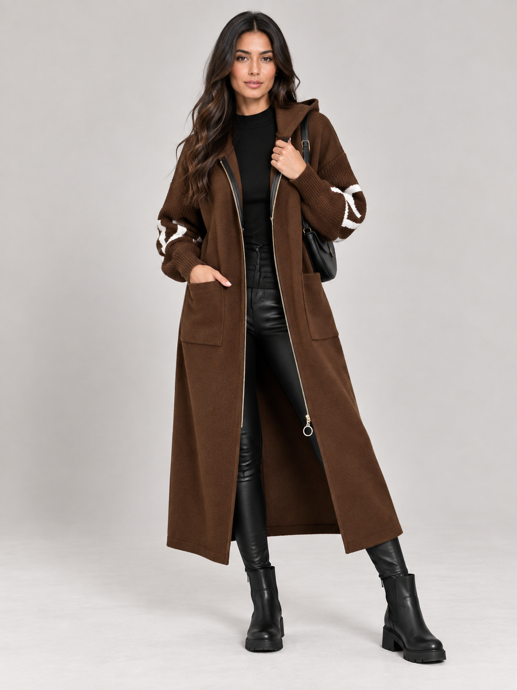 Saar - Dames lange gebreide trenchcoat met capuchon en trekkoord
