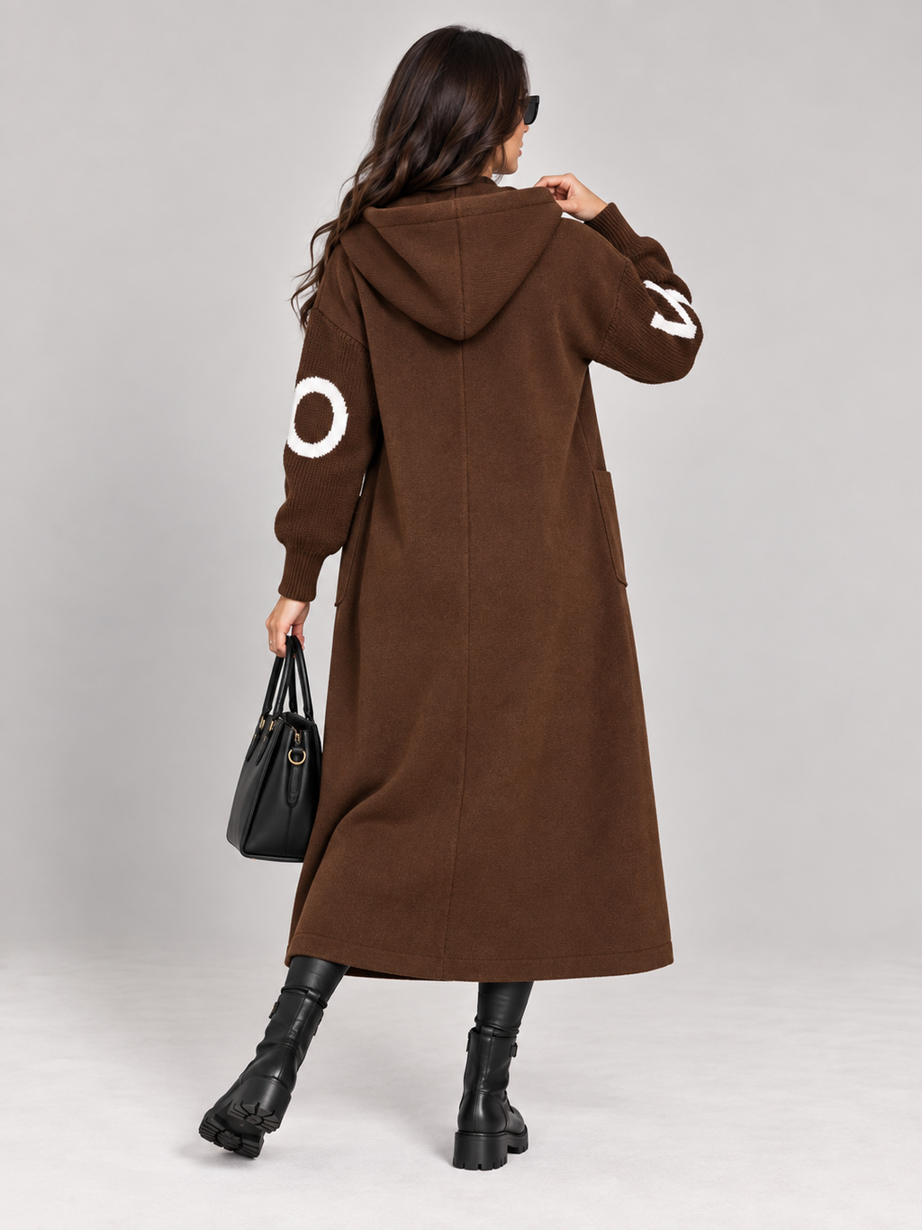 Saar - Dames lange gebreide trenchcoat met capuchon en trekkoord