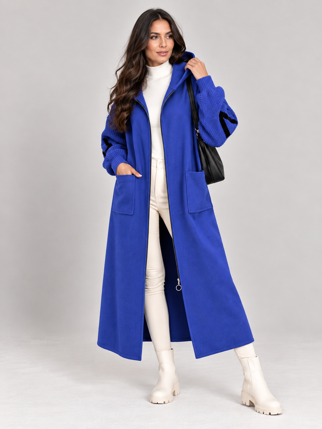 Saar - Dames lange gebreide trenchcoat met capuchon en trekkoord