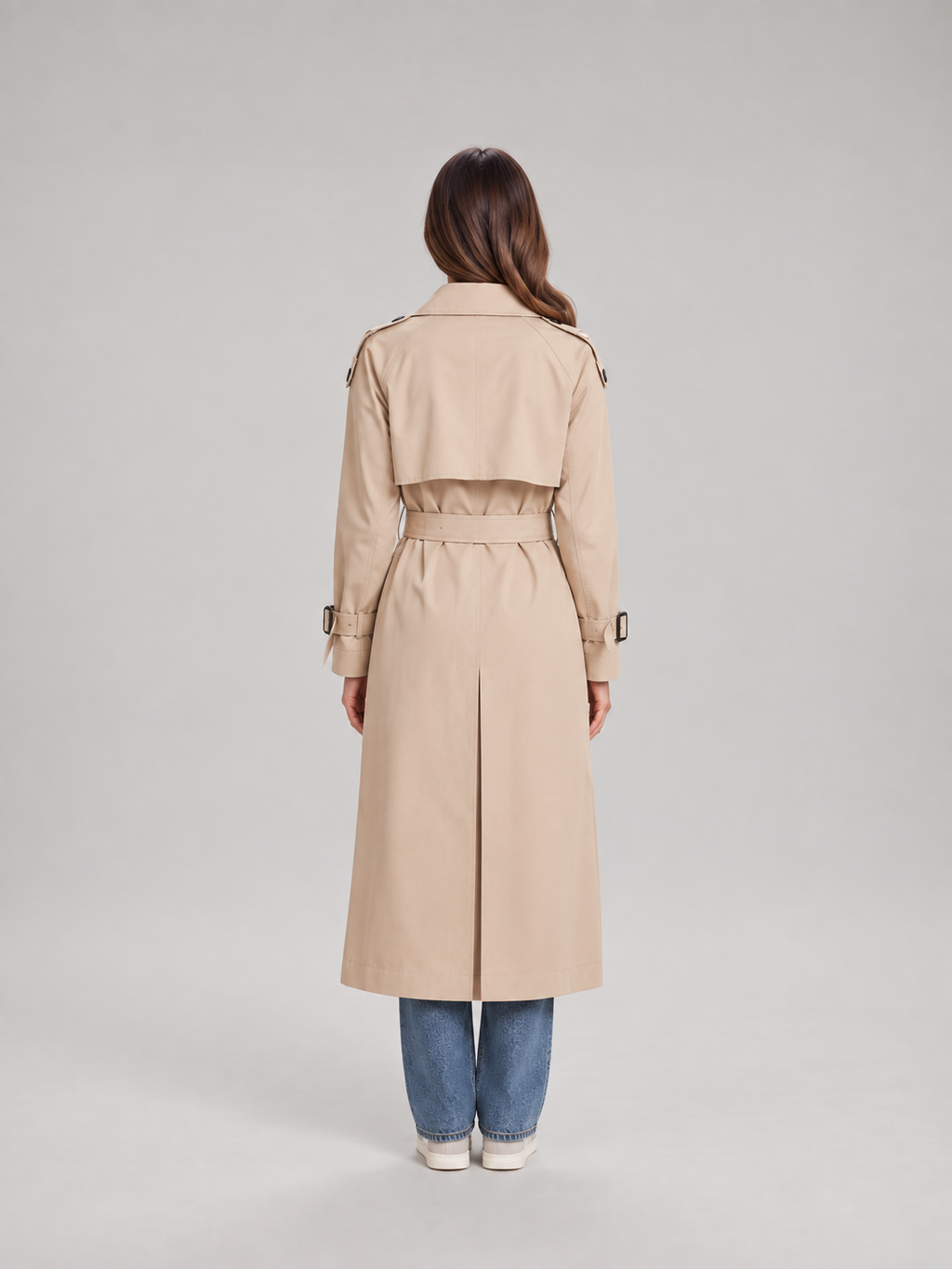 Charlotte - Zwarte lange dames trenchcoat met ceintuur