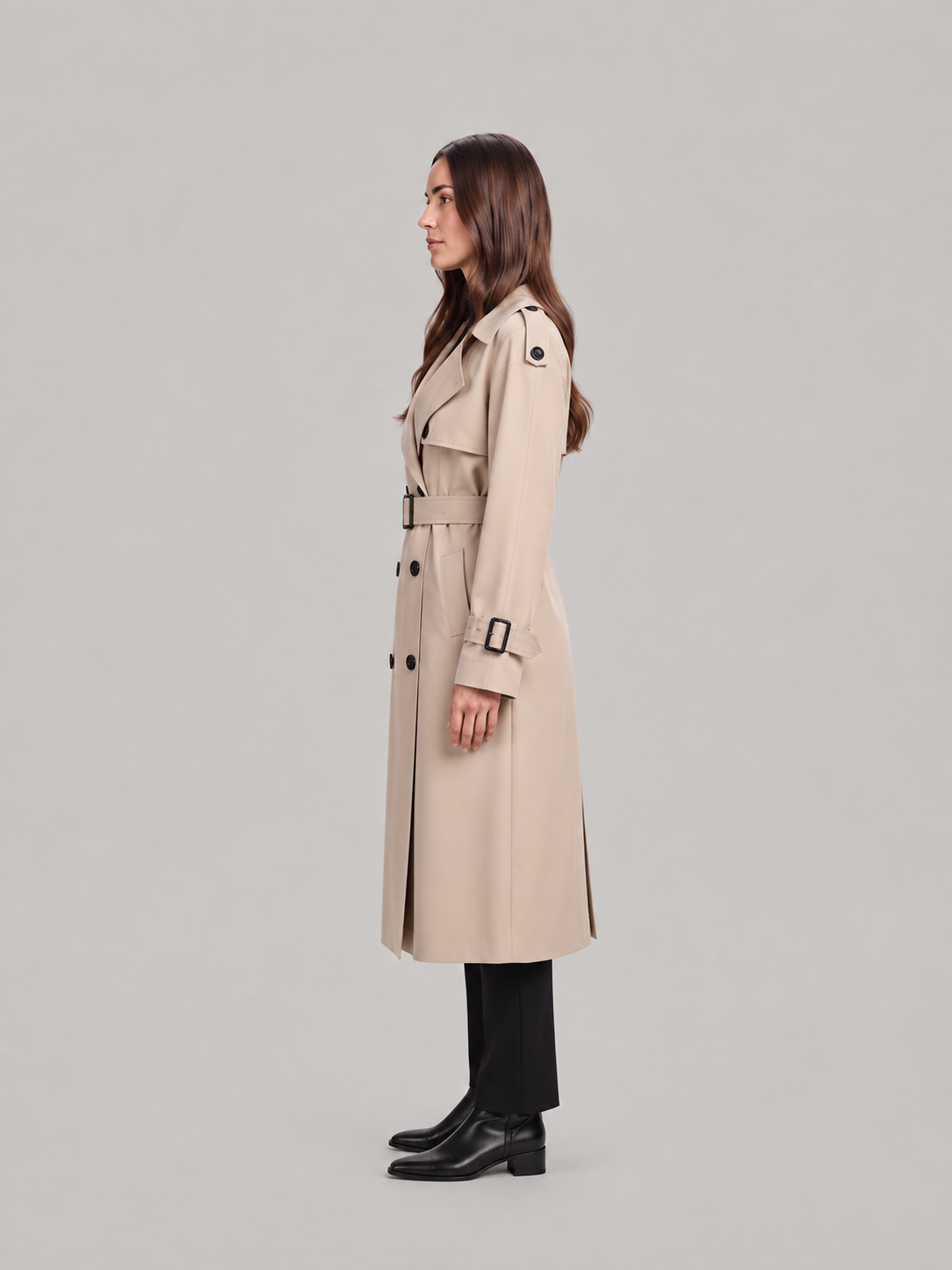 Charlotte - Zwarte lange dames trenchcoat met ceintuur