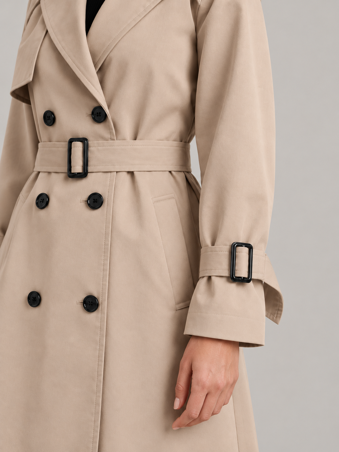Charlotte - Zwarte lange dames trenchcoat met ceintuur