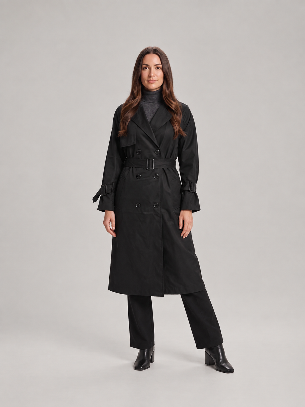 Charlotte - Zwarte lange dames trenchcoat met ceintuur