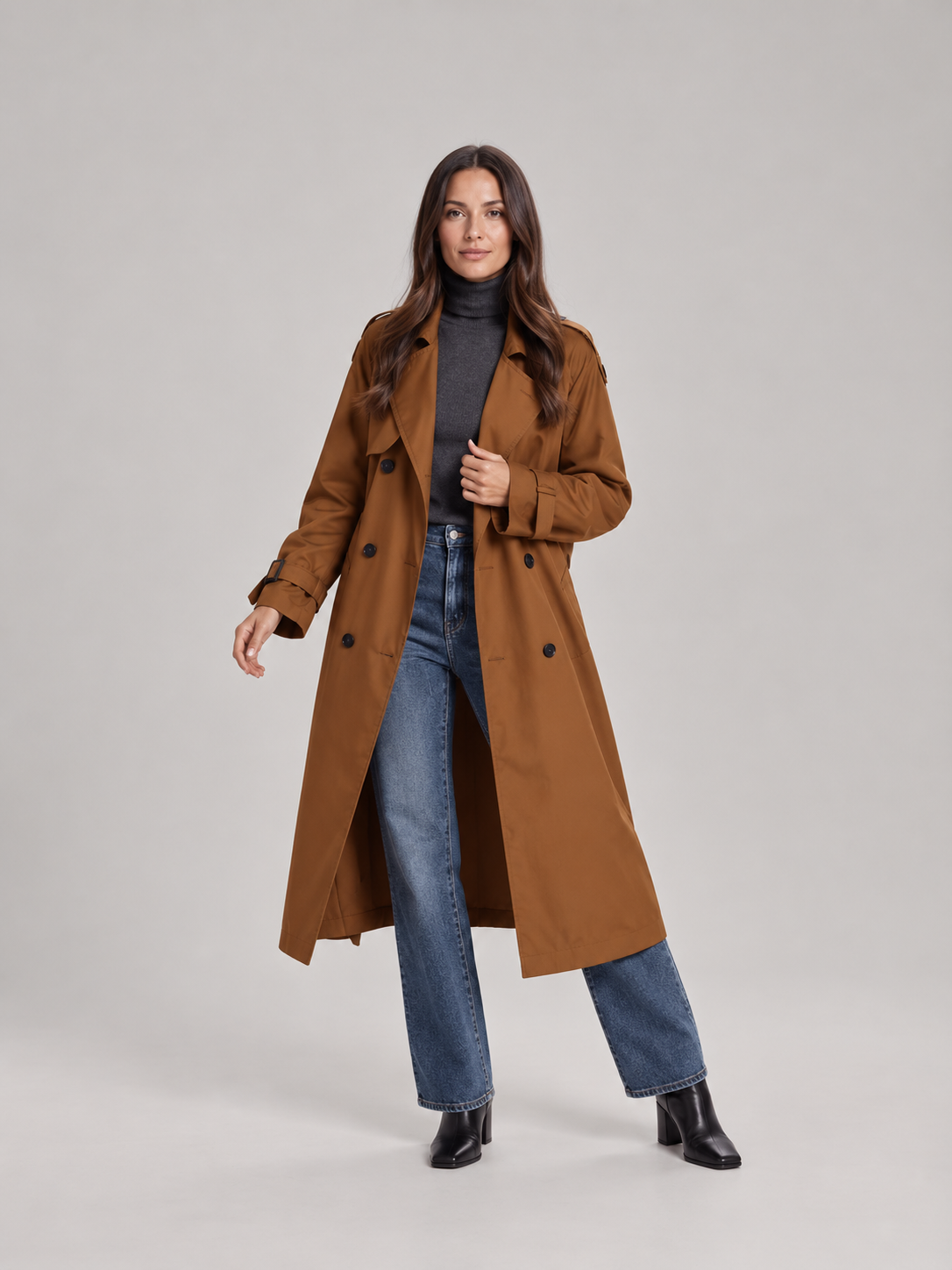 Charlotte - Zwarte lange dames trenchcoat met ceintuur