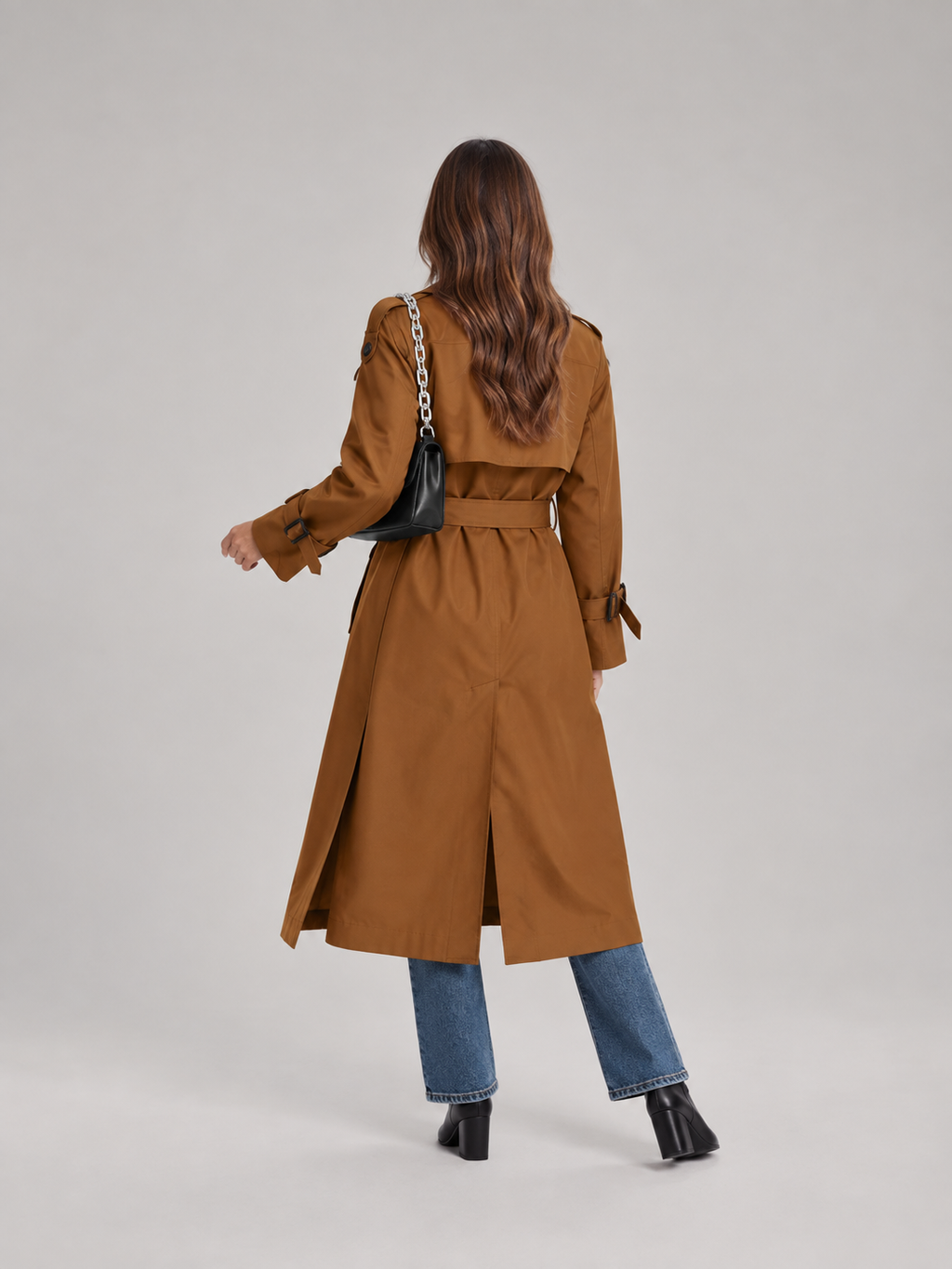 Charlotte - Zwarte lange dames trenchcoat met ceintuur