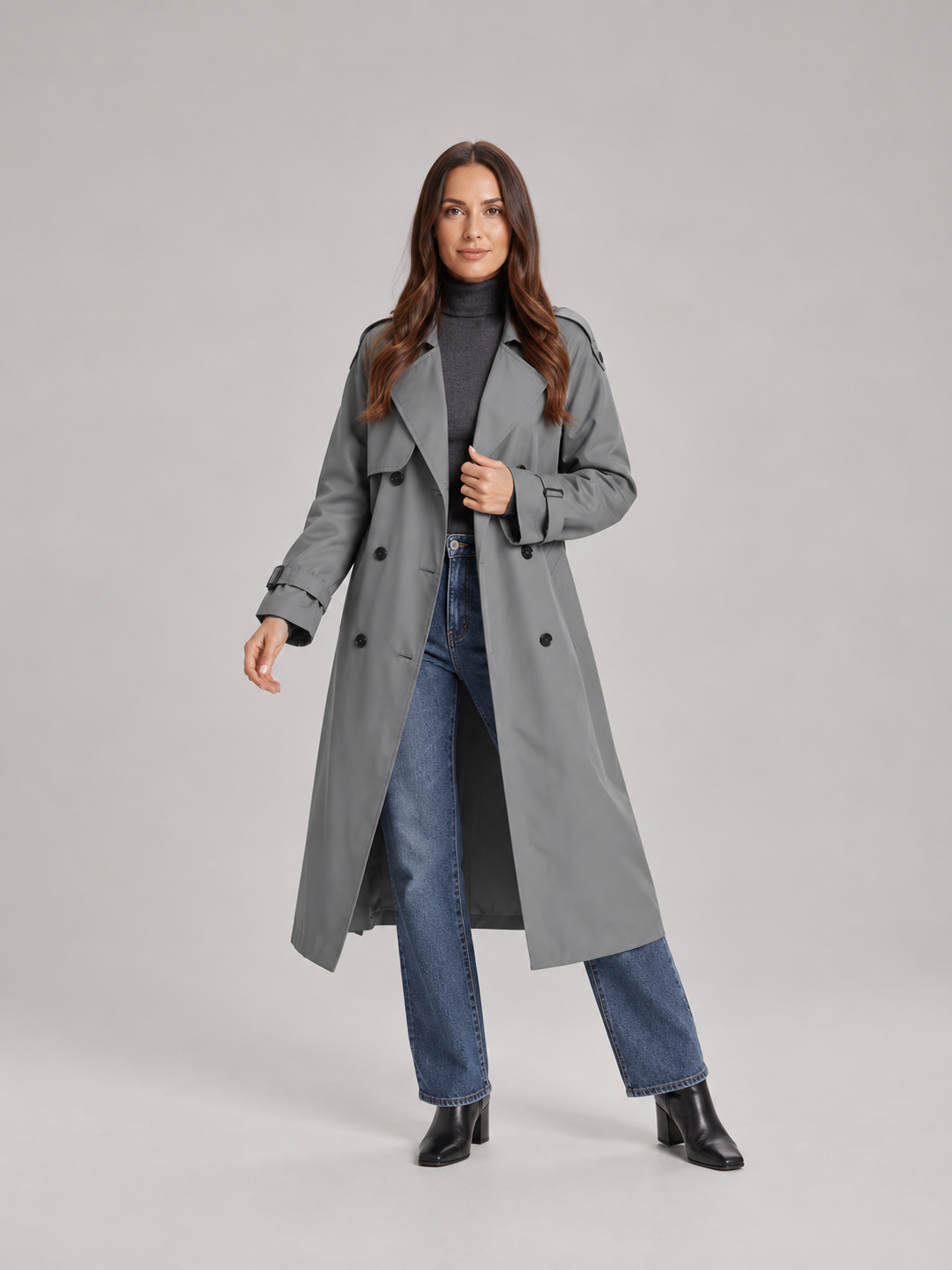 Charlotte - Zwarte lange dames trenchcoat met ceintuur