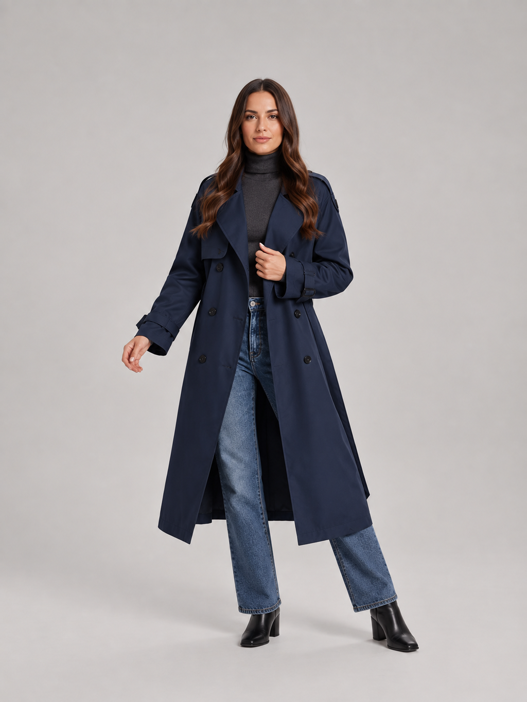 Charlotte - Zwarte lange dames trenchcoat met ceintuur