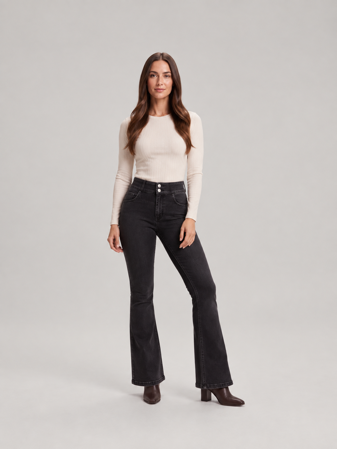 Evelien - Dames flared stretch jeans met middelhoge taille
