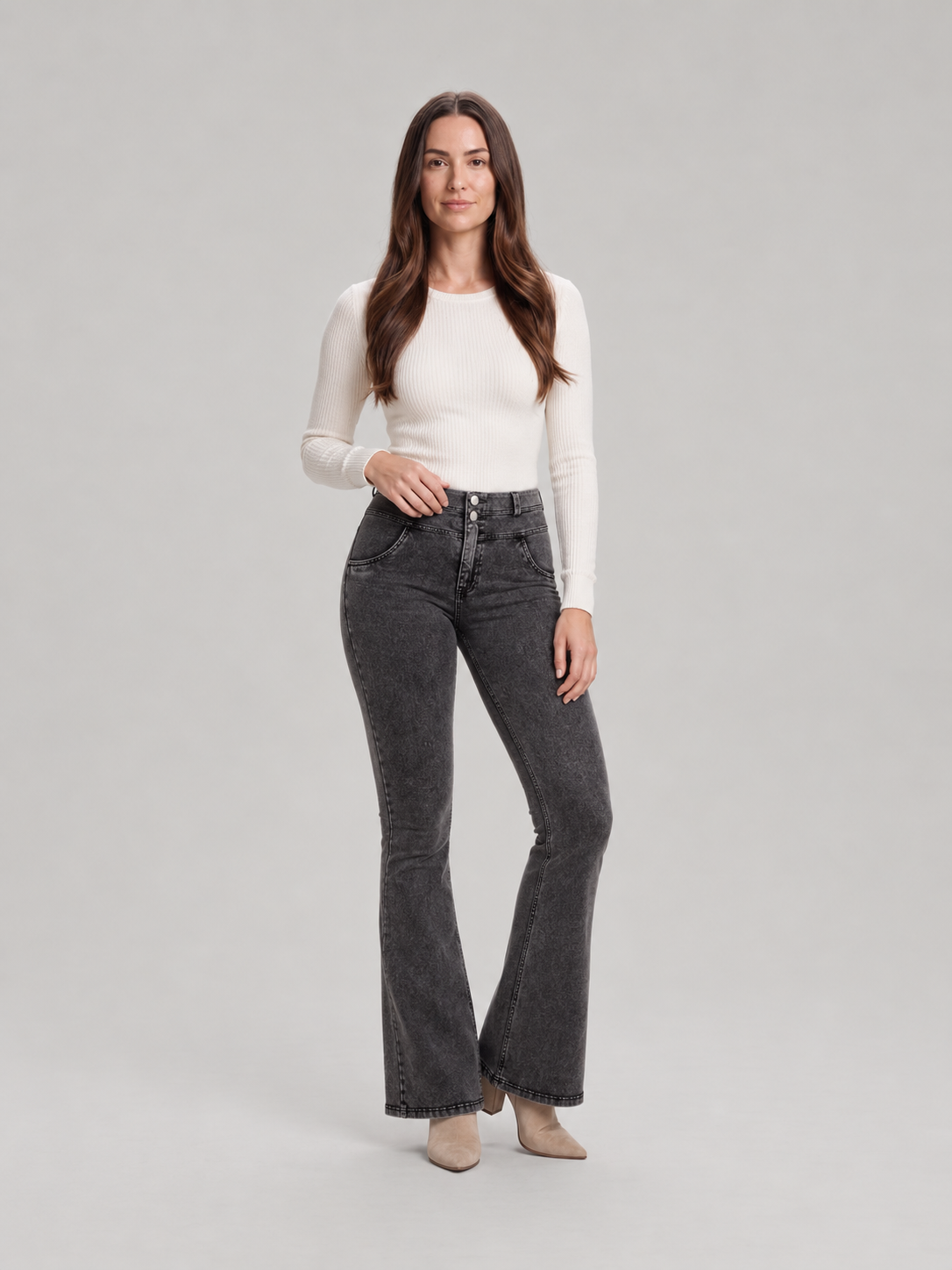 Evelien - Dames flared stretch jeans met middelhoge taille