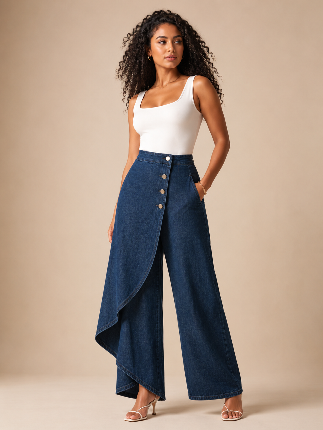 Taneira - Dames palazzobroek met asymmetrische overslag en knoopdetails