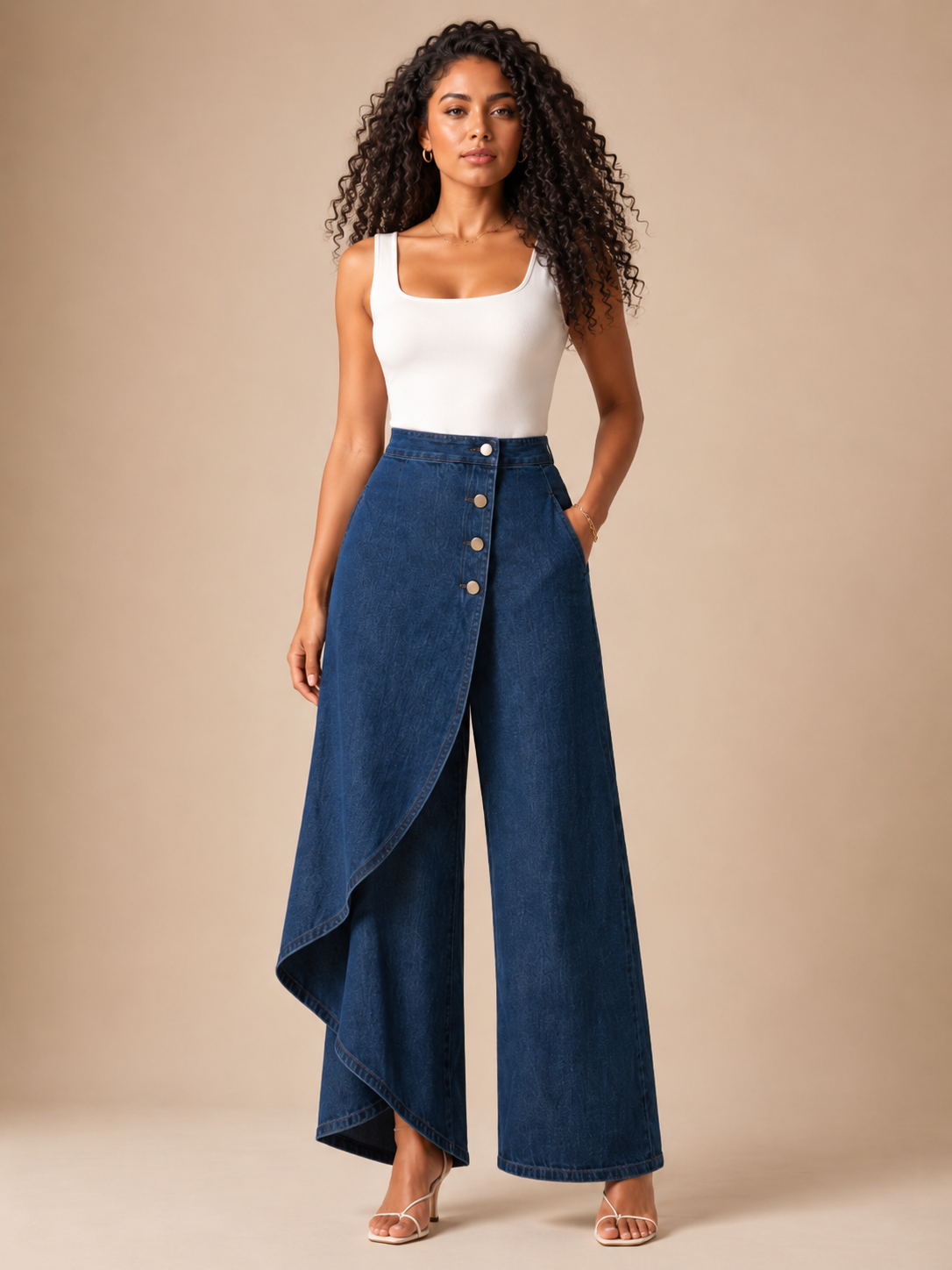 Taneira - Dames palazzobroek met asymmetrische overslag en knoopdetails