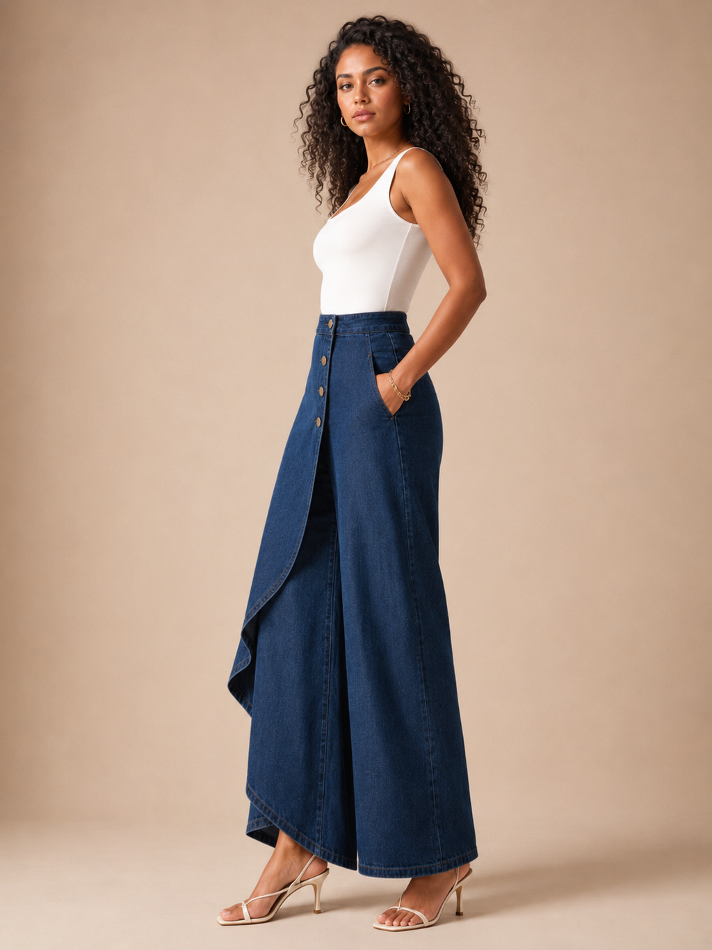 Taneira - Dames palazzobroek met asymmetrische overslag en knoopdetails