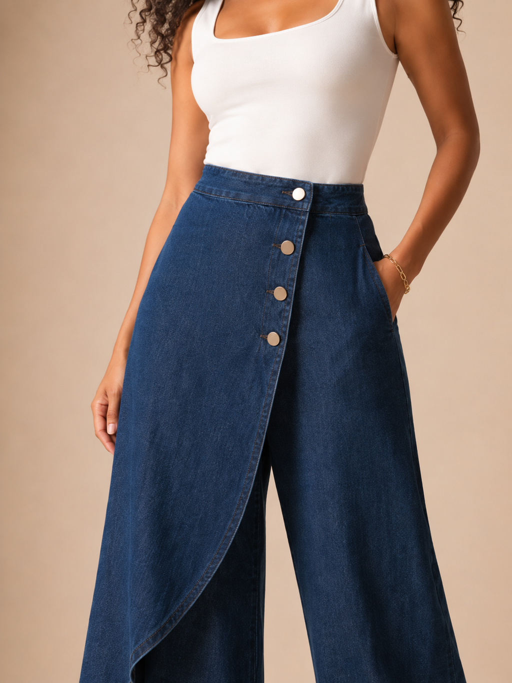 Taneira - Dames palazzobroek met asymmetrische overslag en knoopdetails