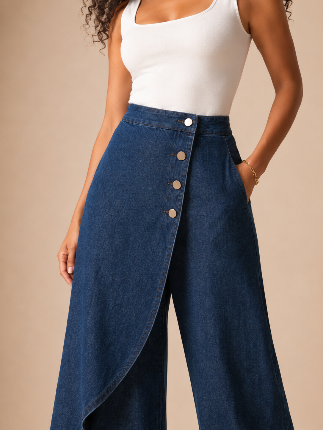 Taneira - Dames palazzobroek met asymmetrische overslag en knoopdetails