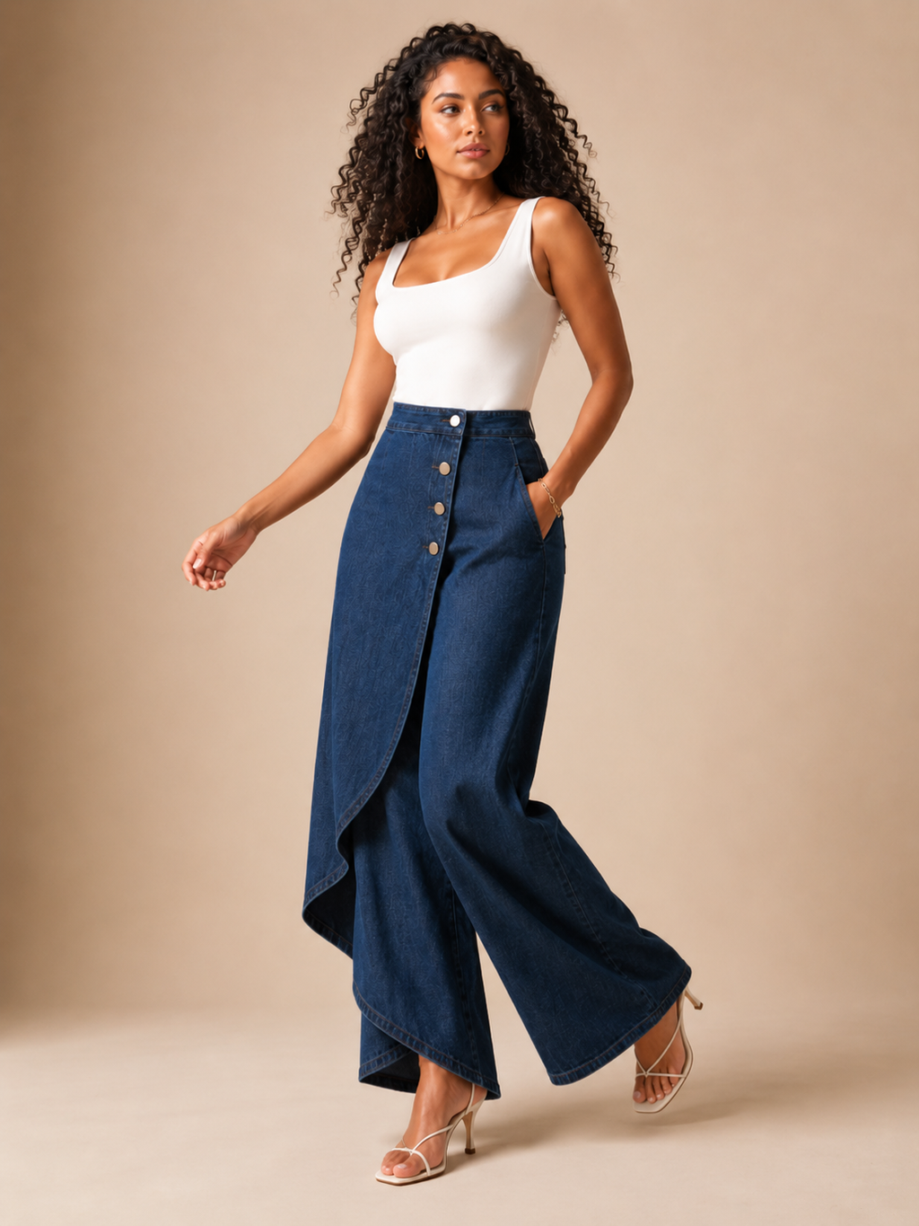 Taneira - Dames palazzobroek met asymmetrische overslag en knoopdetails
