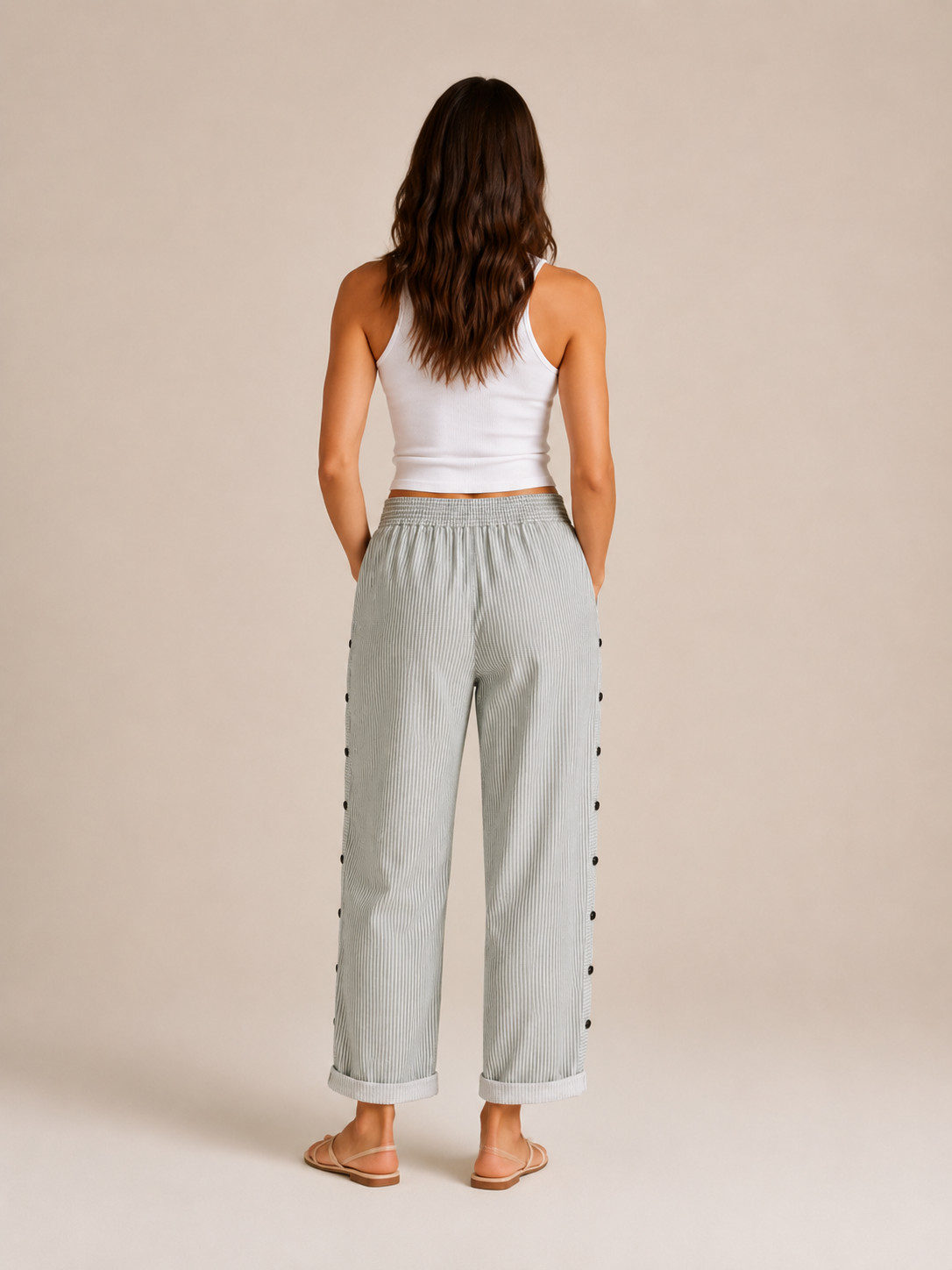 Tirena - Gestreepte damesbroek met elastische taille en zijknopen