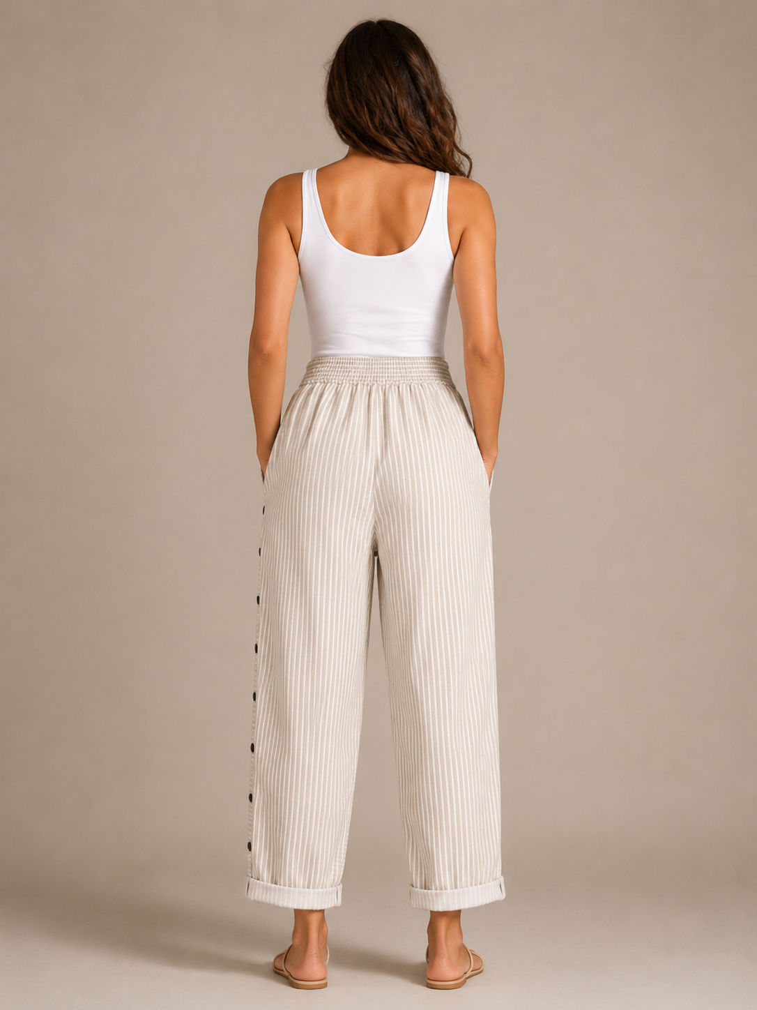 Tirena - Gestreepte damesbroek met elastische taille en zijknopen