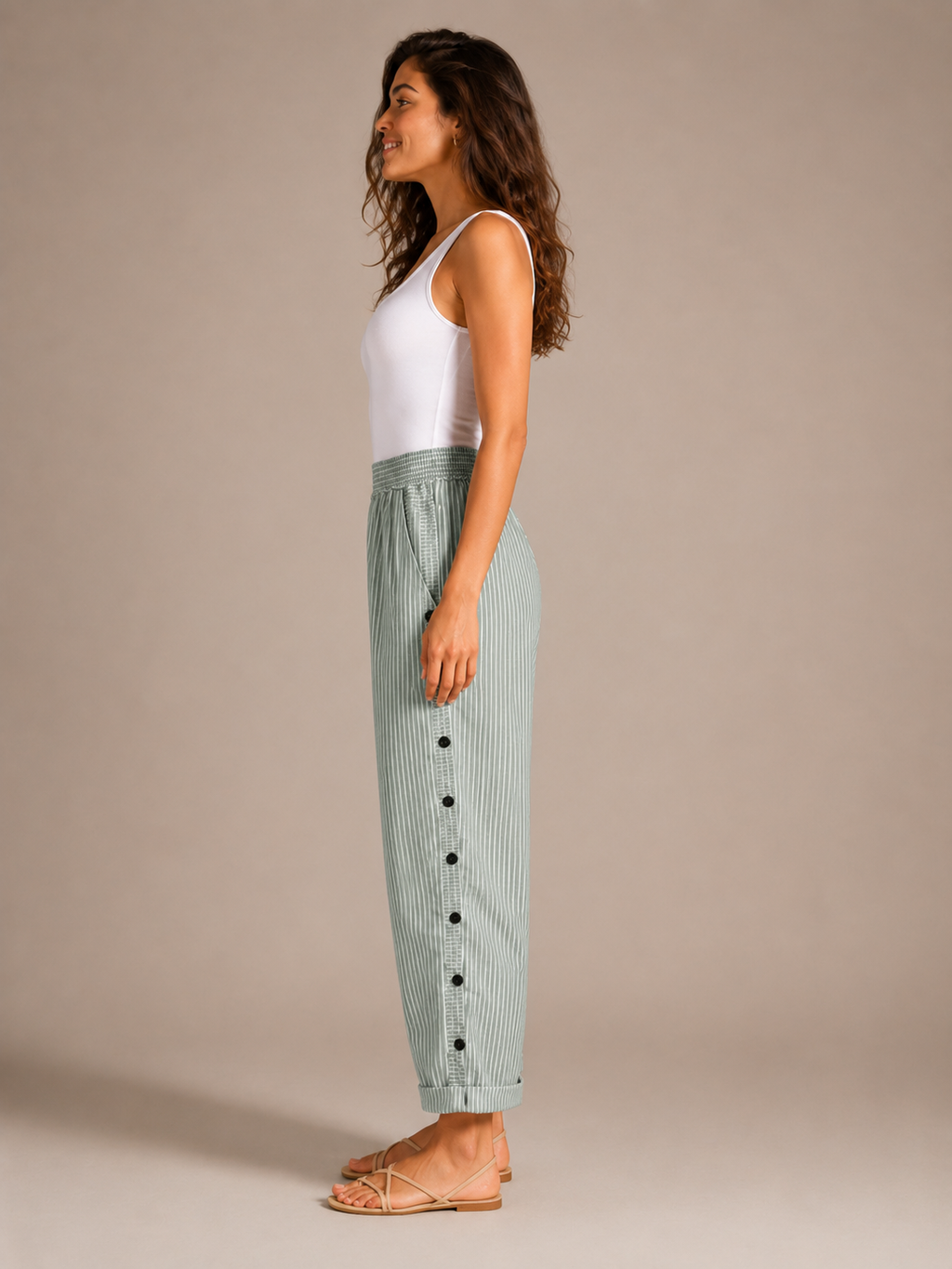 Tirena - Gestreepte damesbroek met elastische taille en zijknopen