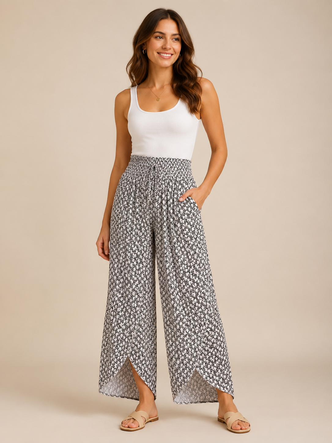 Tamesha - Dames palazzobroek met grafische print en hoge taille
