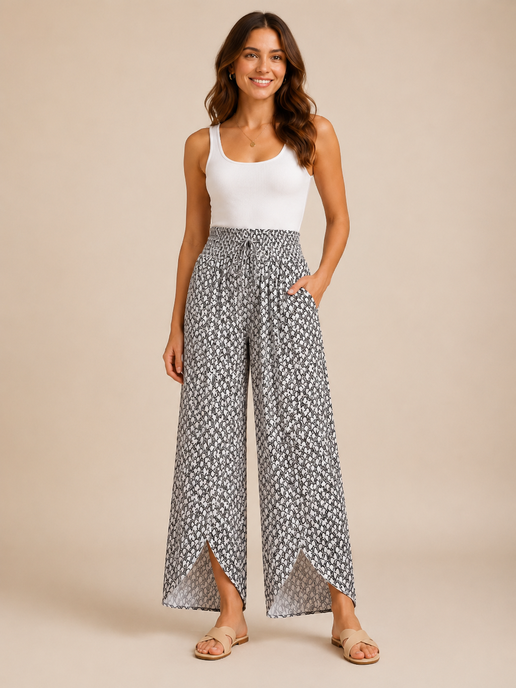 Tamesha - Dames palazzobroek met grafische print en hoge taille