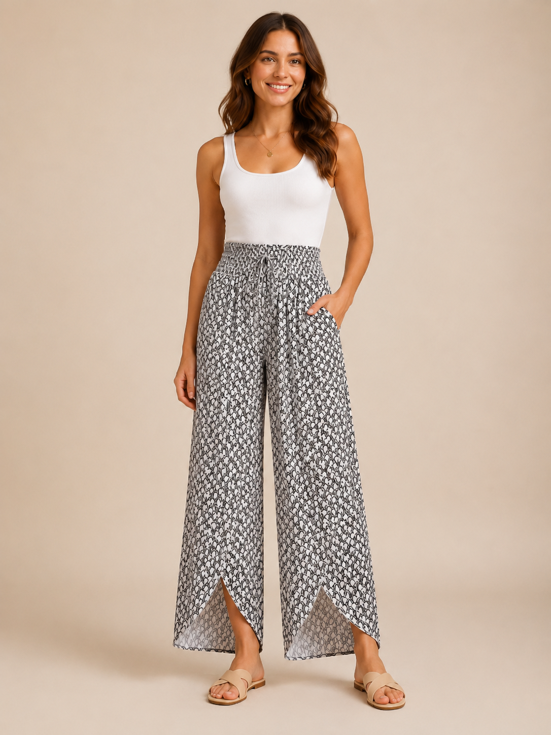 Tamesha - Dames palazzobroek met grafische print en hoge taille