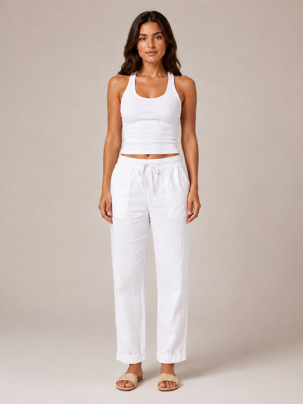 Terenza - Katoenlinnen broek met hoge taille en elastische tailleband
