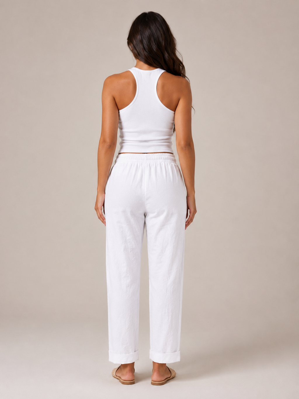 Terenza - Katoenlinnen broek met hoge taille en elastische tailleband