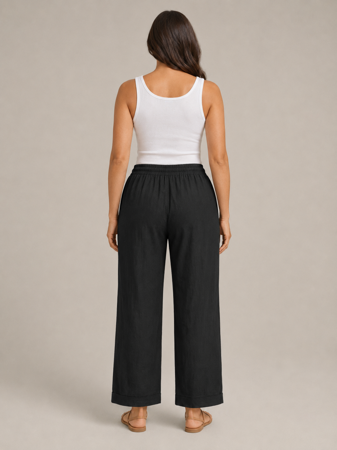 Terenza - Katoenlinnen broek met hoge taille en elastische tailleband