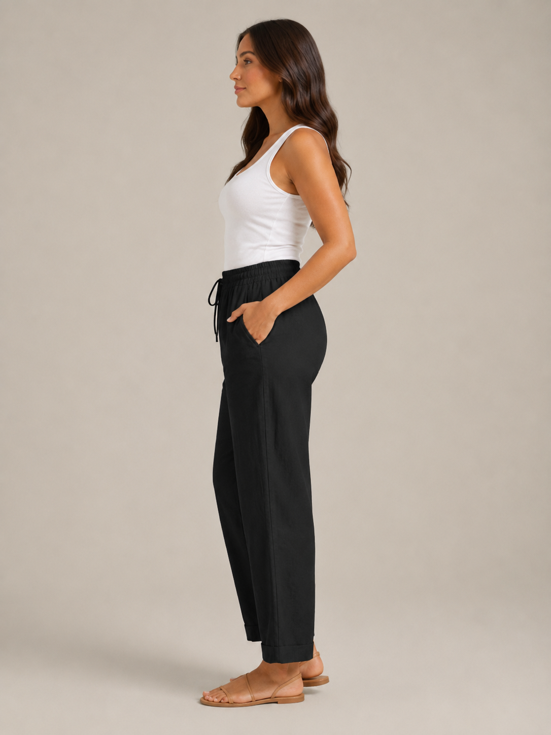 Terenza - Katoenlinnen broek met hoge taille en elastische tailleband