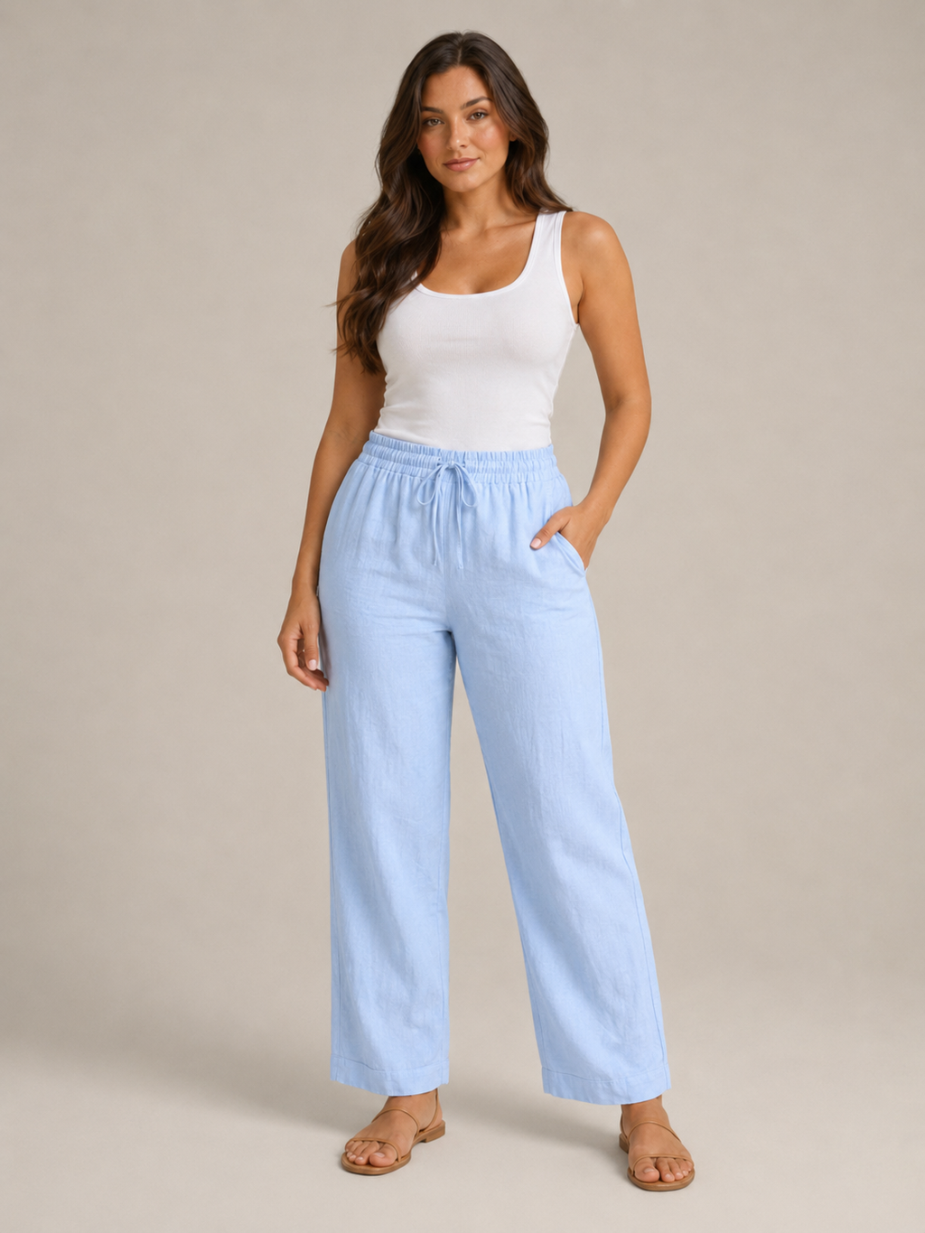 Terenza - Katoenlinnen broek met hoge taille en elastische tailleband