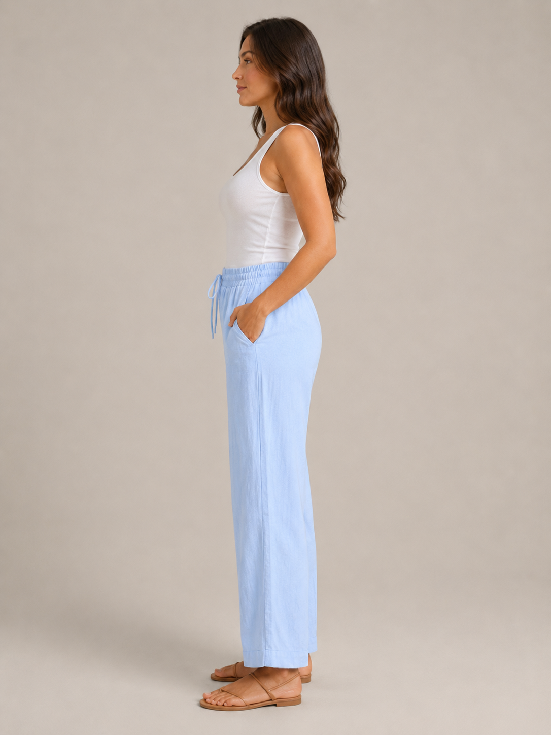 Terenza - Katoenlinnen broek met hoge taille en elastische tailleband
