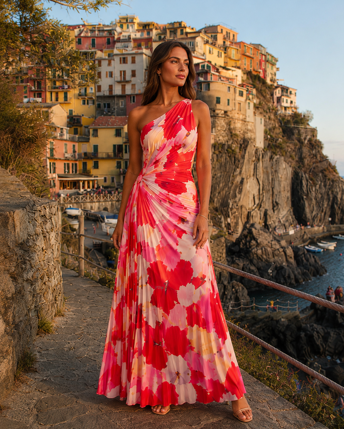 Luciana - Rode Bloemen Maxi-jurk met Eén-schouder Halslijn