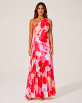Luciana - Rode Bloemen Maxi-jurk met Eén-schouder Halslijn